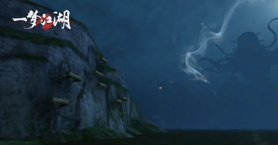 悬崖峭壁上排列着数具古老悬棺，云雾缭绕，显得神秘而庄严