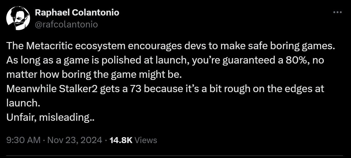 Raphael Colantonio公开推文截图，文字强调MTC评分对创新游戏的压制效应