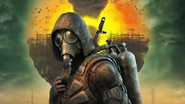 《潜行者2：切尔诺贝利之心》游戏封面，昏黄的辐射区背景下主角手持武器前行，氛围压抑而紧张