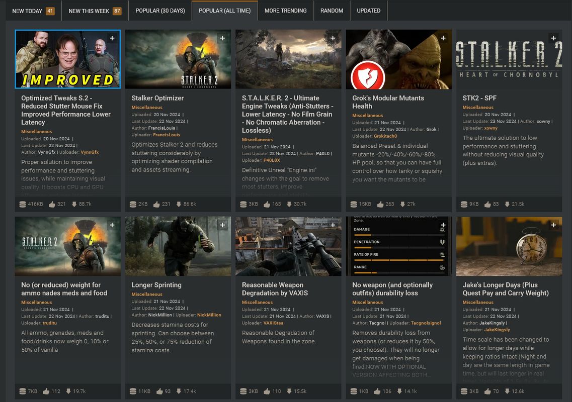 Nexus Mod 页面截图显示《潜行者2》多个高下载量Mod，界面清晰列出各项功能简化Mod及其下载次数