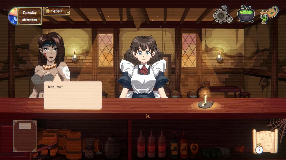 酒馆内部全景图，吧台、餐桌、武器架一应俱全，冒险者们正在交谈，氛围热闹而温馨