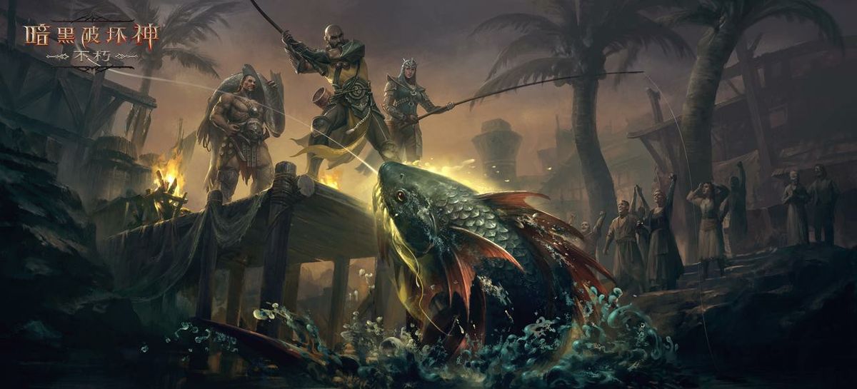 蔚蓝钓场全景画面，碧波荡漾，阳光洒落水面，玩家角色手持鱼竿静静垂钓，远处有船只和岛屿轮廓