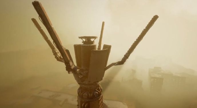 《剑星》游戏中日光塔启动前后的对比画面，电力恢复后环境亮起