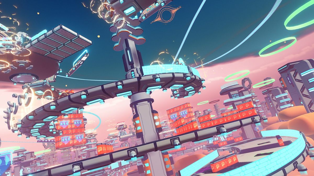 障碍赛关卡设计，包含旋转齿轮、激光阵与悬浮平台