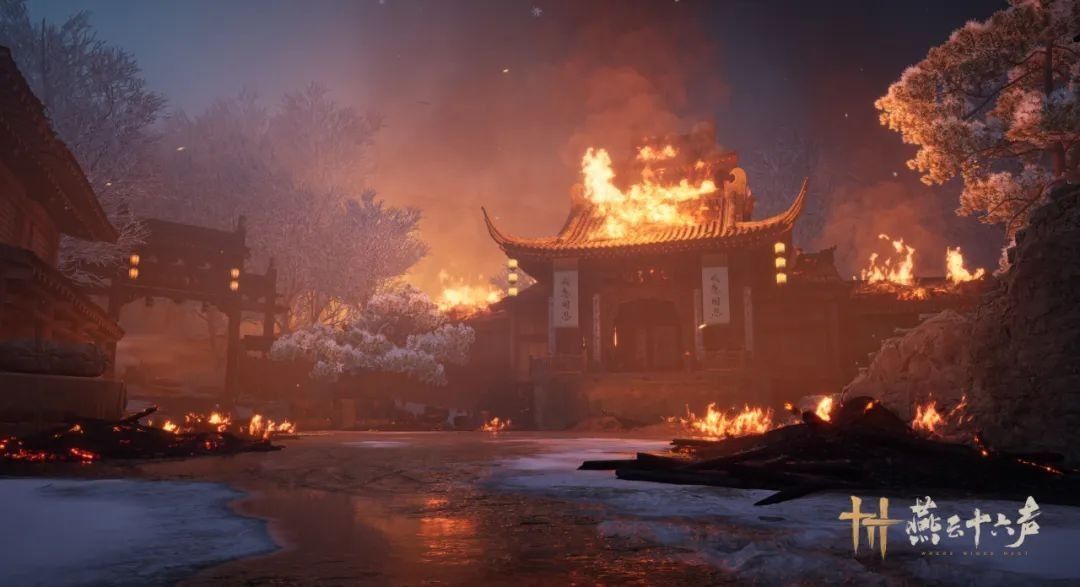 《燕云十六声》新关卡‘十二载恩仇’实机画面，古风建筑错落有致，雪景氛围浓厚，角色行走于石阶之上，环境细节精致