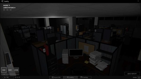 幽灵米娅出现在办公室角落的幻象，半透明身影披着白裙，面部模糊，周围空气扭曲，散发幽蓝色光芒