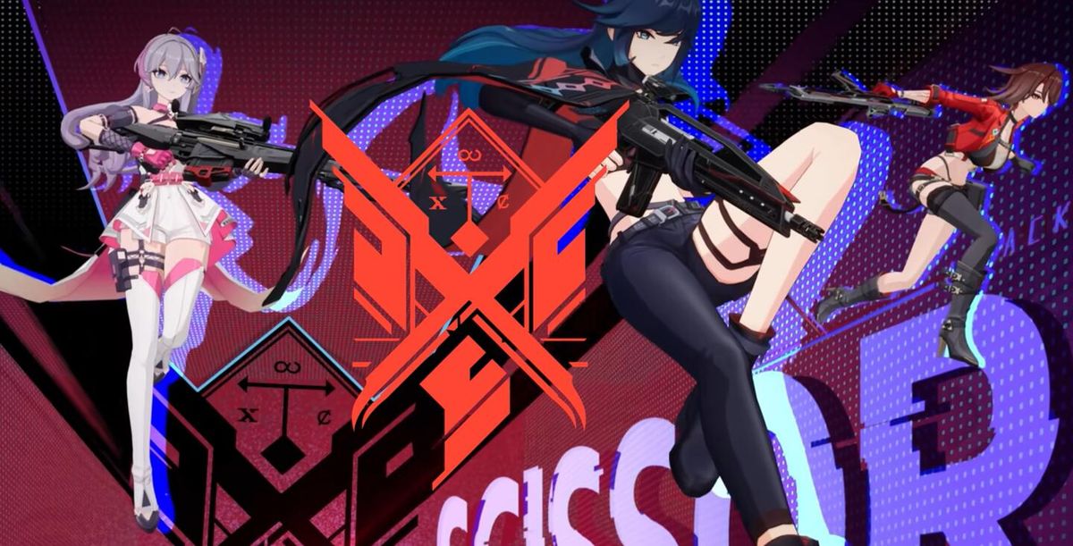 剪刀手组织标志特写，银色剪刀图案嵌于黑色徽章中央，背景为破碎的城市剪影