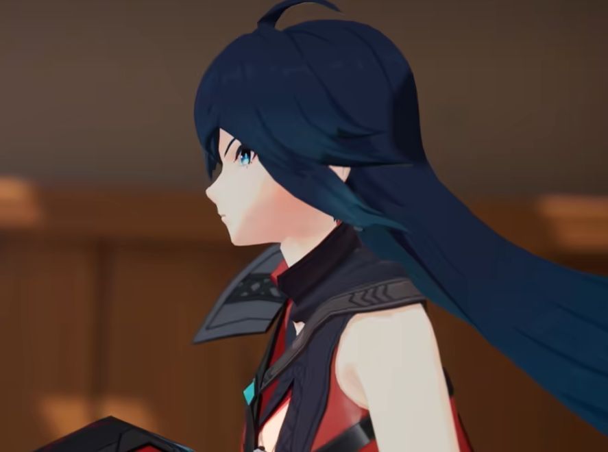 角色‘明’战斗场景，身穿黑色战术外衣，手持能量拳套，正击破敌人护甲