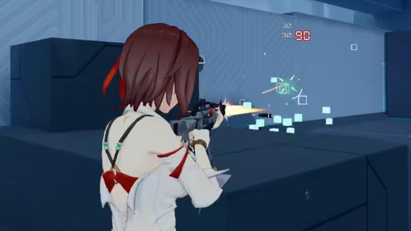 拉薇使用隐身技能的瞬间，身体逐渐透明，周围泛起蓝色数据流光效