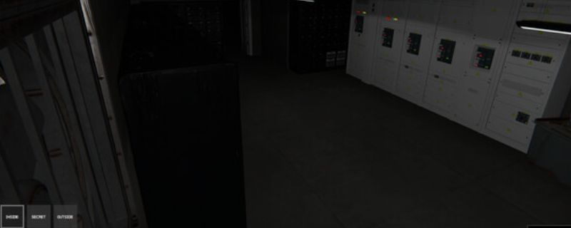 《办公室杀手》游戏主视觉图，昏暗的办公室内，一名模糊人影站在隔间尽头，灯光闪烁，充满紧张氛围