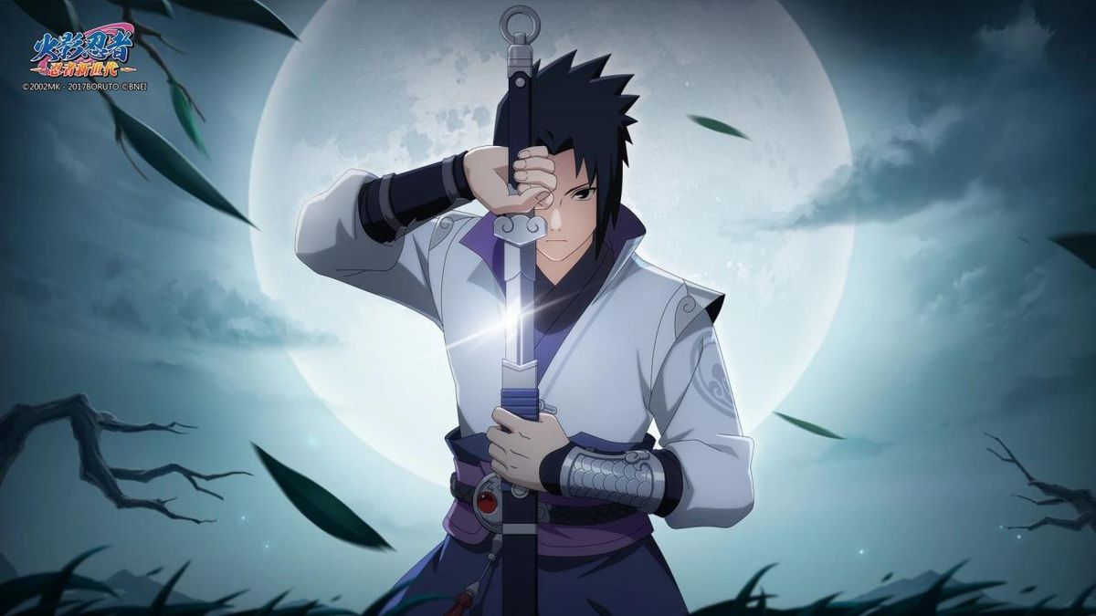 宇智波佐助[侠客列传]立绘展示，手持长刀站立于山巅，背景为血色残阳