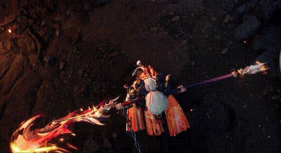 荒火弟子施展扛刀动作，长刀旋转后稳稳扛于右肩，火焰特效环绕，步伐坚定