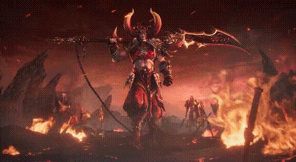 重置版血战CG中，荒火身穿贰时期典藏服，肩扛长刀怒吼，背景战火纷飞