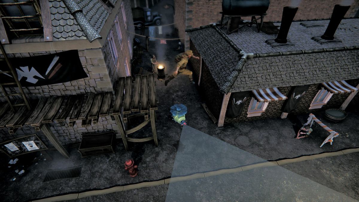 主角站在高塔边缘俯瞰城市，灯火通明的富人区与黑暗的贫民窟形成鲜明对比