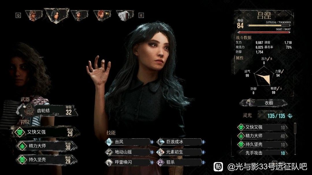 吕涅装备界面截图，显示已装备齿轮结武器及振奋系列辅助道具