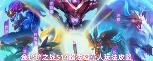 金铲铲之战S14赛季稻草人阵容站位图，前排铁男与大虫子顶住阵型，后排稻草人位于角落准备释放群控技能