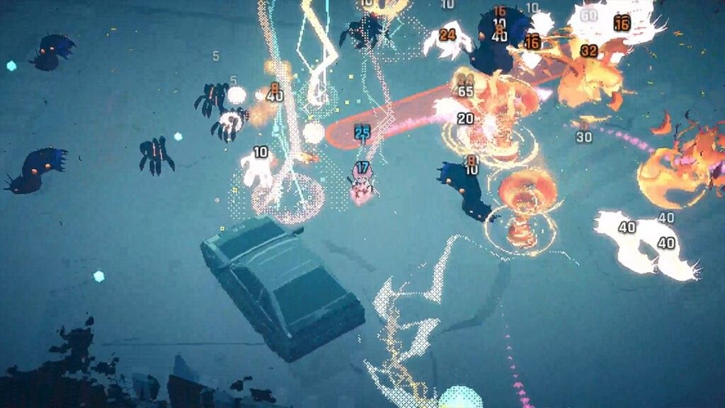 《东京巫女：幸存者》游戏主视觉图，一名巫女手持法杖在夜色东京上空释放华丽法术，周围敌人如潮水般涌来，特效绚烂