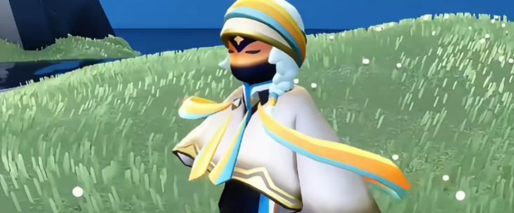 彩虹斗篷礼包三视图展示，丝带呈半透明渐变效果，随风飘动，面具眼部轮廓清晰，具有艺术感