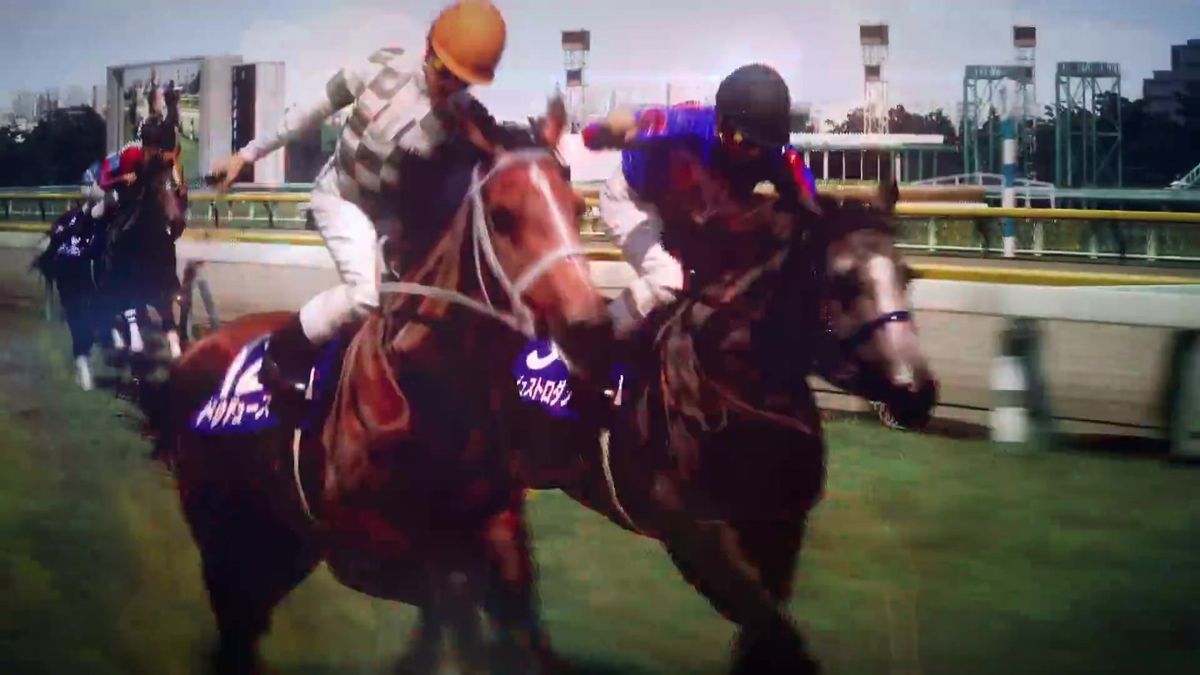 赛马比赛中第一视角冲刺画面，尘土飞扬，对手紧随其后