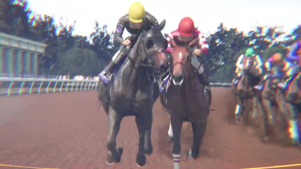 赛事直播风格画面，镜头跟随赛马群冲刺终点线