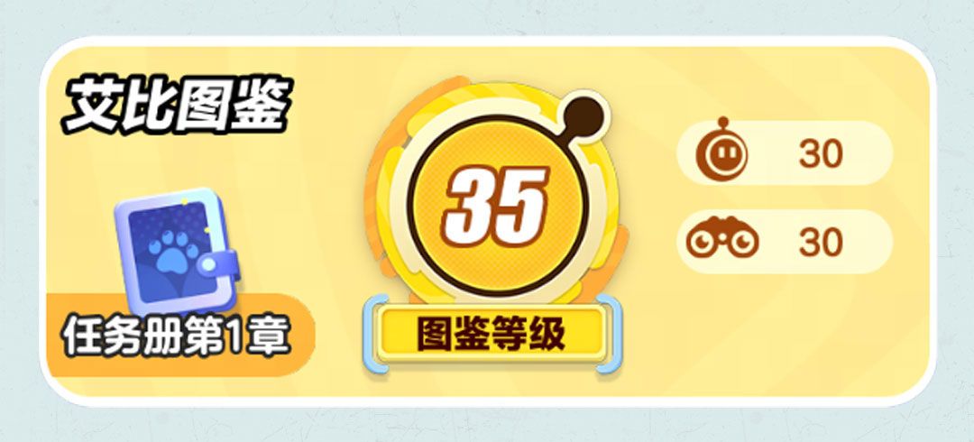 游戏界面展示艾比图鉴页面，左侧为艾比立绘，右侧显示属性、获取方式与亲密度进度条