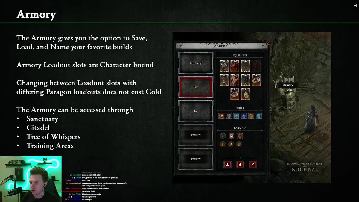 玩家在军械库中管理多个角色配置，界面清晰展示各流派名称与核心技能