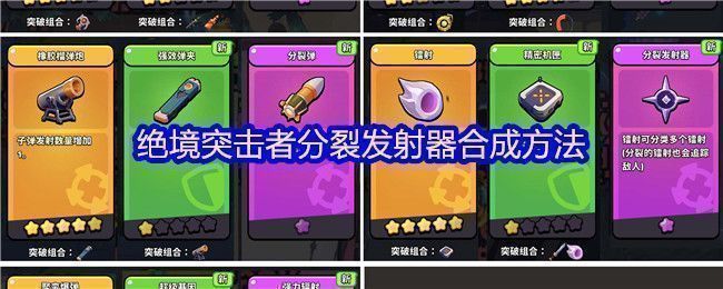 《绝境突击者》游戏内超武合成界面展示，屏幕上清晰列出分裂发射器的合成材料与属性加成