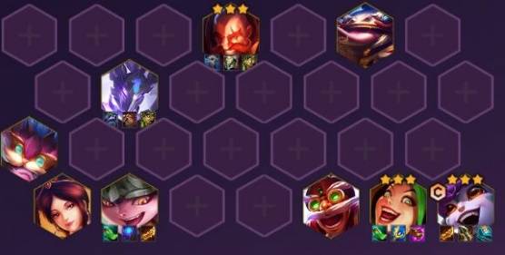 实战对战站位图，小炮藏于右下角，布隆与锤石顶在前方，其他单位呈扇形分布