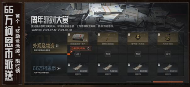 《暗区突围》周年庆登录奖励界面展示，显示每日可领取的基础套装券与防弹箱福利