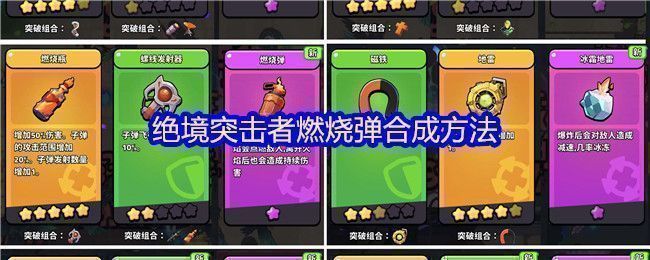 绝境突击者游戏中燃烧弹合成配方示意图，展示5星燃烧瓶与1星螺线发射器组合过程