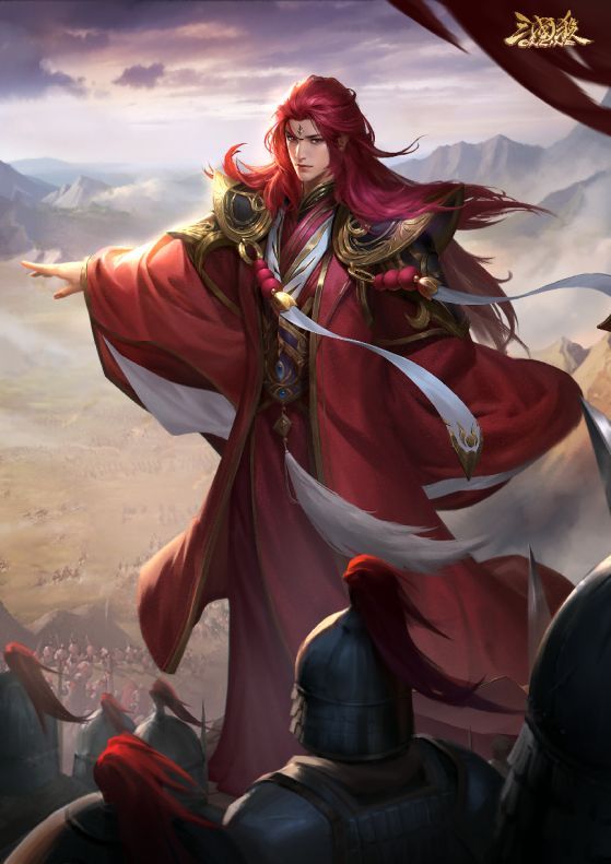 「计澜锦绣」皮肤展示图，庞统身着刺绣长袍，背景为传统纹样与凤凰图案