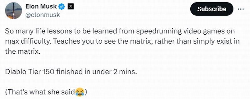 埃隆·马斯克在社交媒体发布的《暗黑破坏神4》游戏截图，显示其角色正在大秘境中激烈战斗