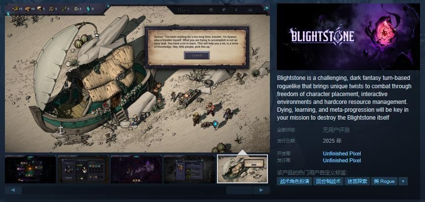 《Blightstone》Steam商店首页封面图，展示阴暗诡谲的地下城场景与手持武器的主角剪影，氛围压抑而神秘