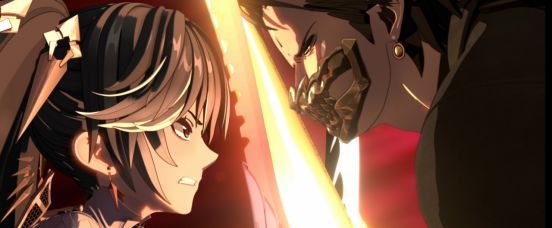 动画截图：露西亚与冯·内古特在废墟中对峙，天空裂开时间漩涡，光影交错