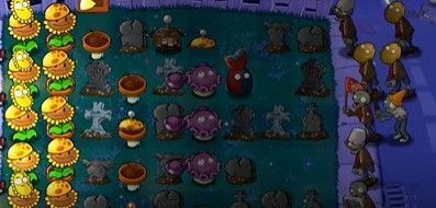 忧郁菇投手释放技能特效，3×3范围内出现紫色爆炸光环，多个僵尸被同时击中并受到伤害