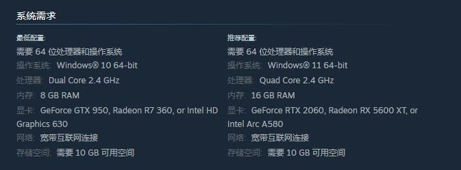 游戏配置需求界面截图，清晰列出最低与推荐配置信息