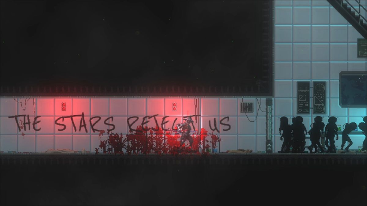 主角在昏暗走廊中持刀前行，墙壁布满裂痕，远处传来诡异低语