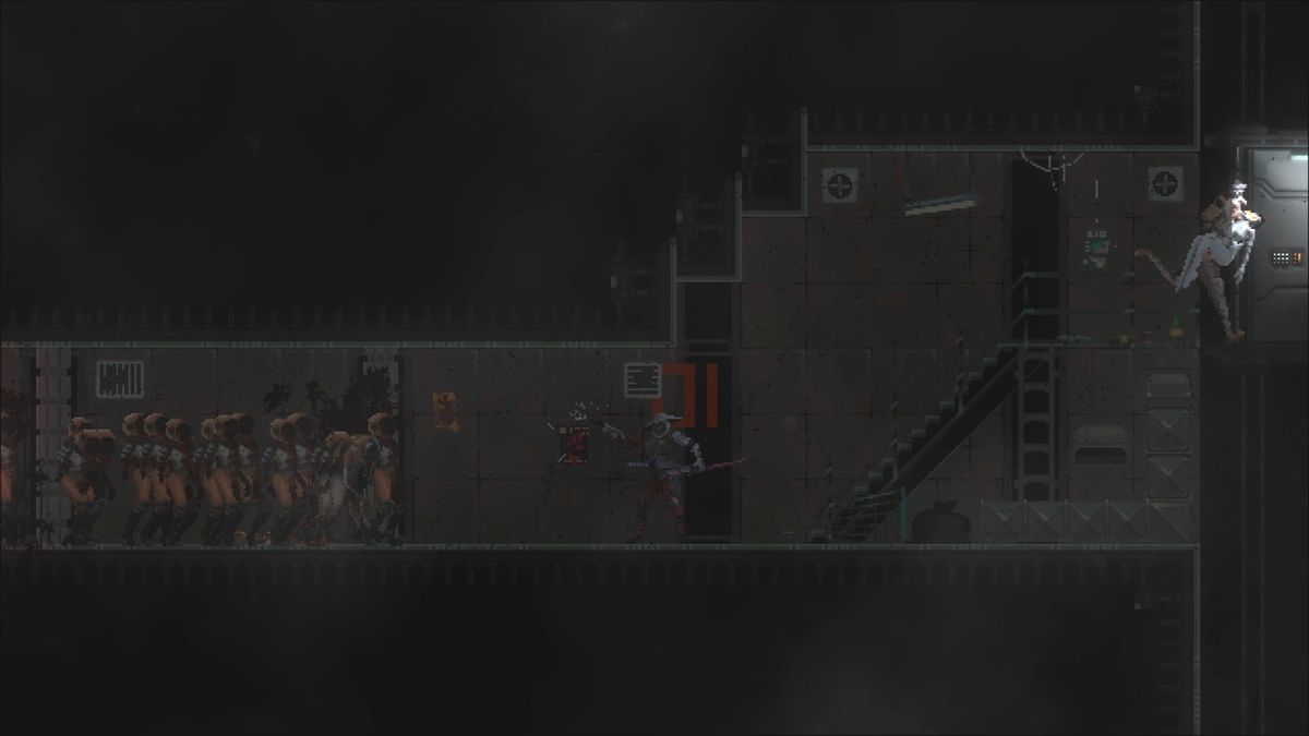 Boss战场景，巨大触手状机械生物悬浮空中，释放能量波攻击玩家