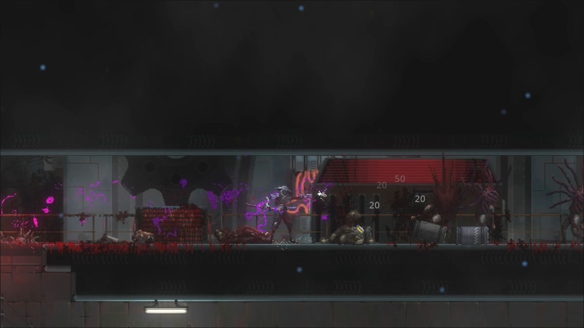 角色使用远程能量炮攻击，背景是崩塌的天花板与坠落的碎片