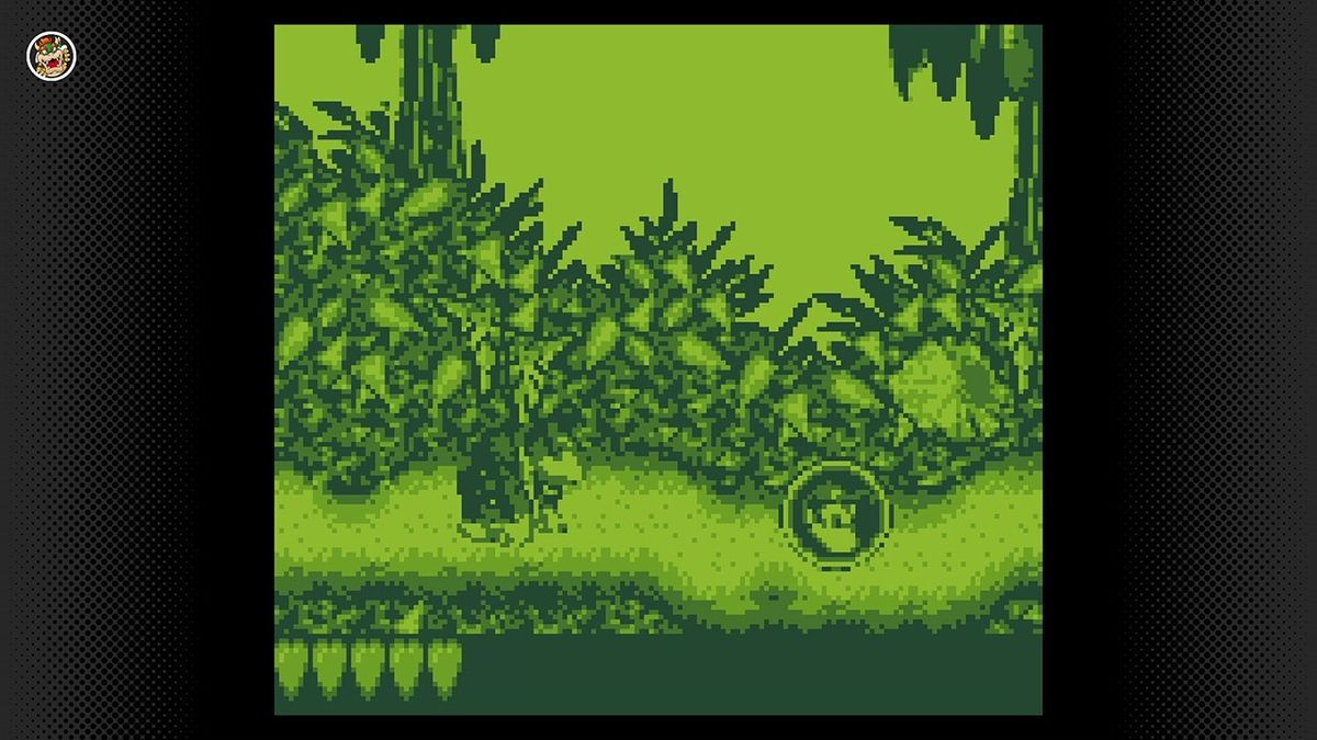 游戏中反派角色迪迪金刚在瀑布关卡出现，画面展现精细的GB像素动画