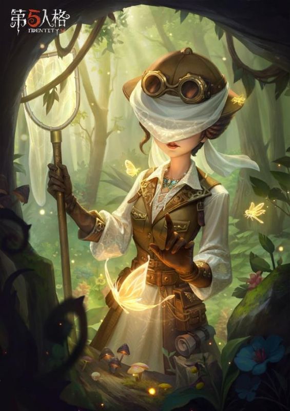 昆虫学者身穿‘荒原之花’时装，头戴薄纱立于旷野之中，手中捕虫网轻扬，一只发光蝴蝶正飞向她的指尖，背景为黄昏下的草原与远山