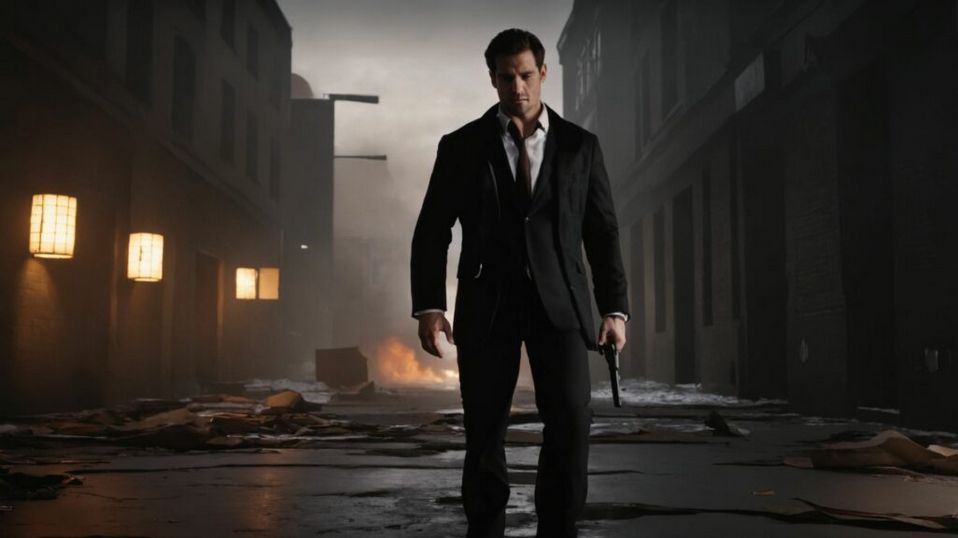 Remedy工作室LOGO与《马克思佩恩》经典角色形象并列展示，背景为昏暗都市风格，突显硬派动作游戏氛围