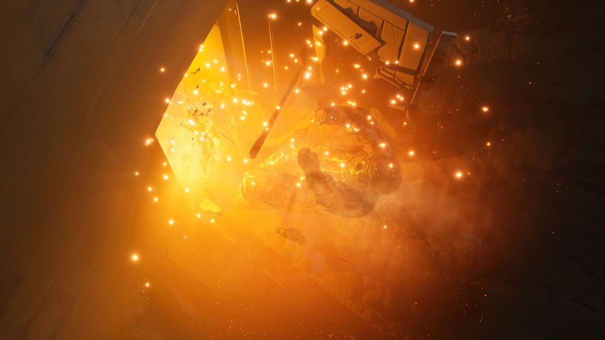 玩家角色使用手持探测仪在火山灰覆盖的废墟中搜寻物资，背景是崩塌的建筑与昏暗的天空