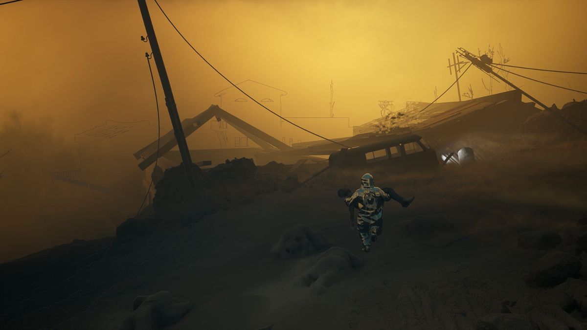 角色站在高处俯瞰被火山环绕的岛屿，远处岩浆流动，天空呈现橙红色