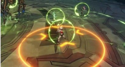 多名角色聚集在橙色圆形区域内共同分担爆轰弹伤害，技能爆炸特效在中心爆发