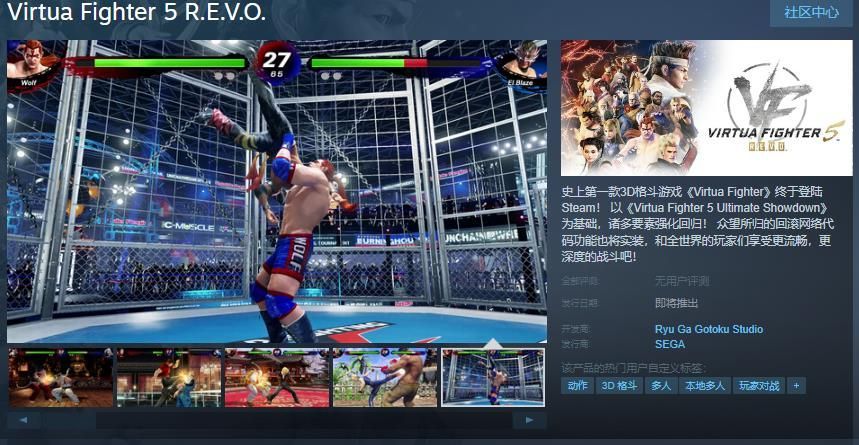 《VR战士 5 R.E.V.O.》Steam商店页面截图，展示游戏主视觉图与LOGO，风格硬朗，充满格斗张力