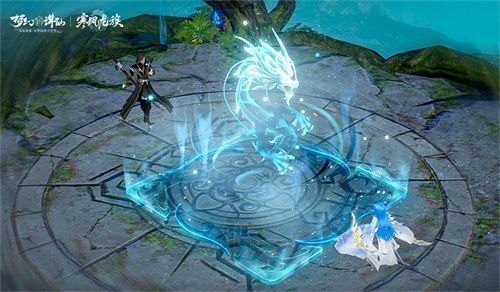 战斗场景中角色释放风系技能，空中卷起螺旋气流，地面形成绿色风元素领域，敌人被吹飞