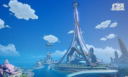 亚夏中心区全景地图展示，高楼林立，幻塔居中发光，城市灯光璀璨，充满未来科技感