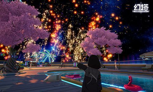 多位角色在沙滩上举行派对，烟花在夜空中绽放，背景为游轮与灯塔，节日氛围浓厚