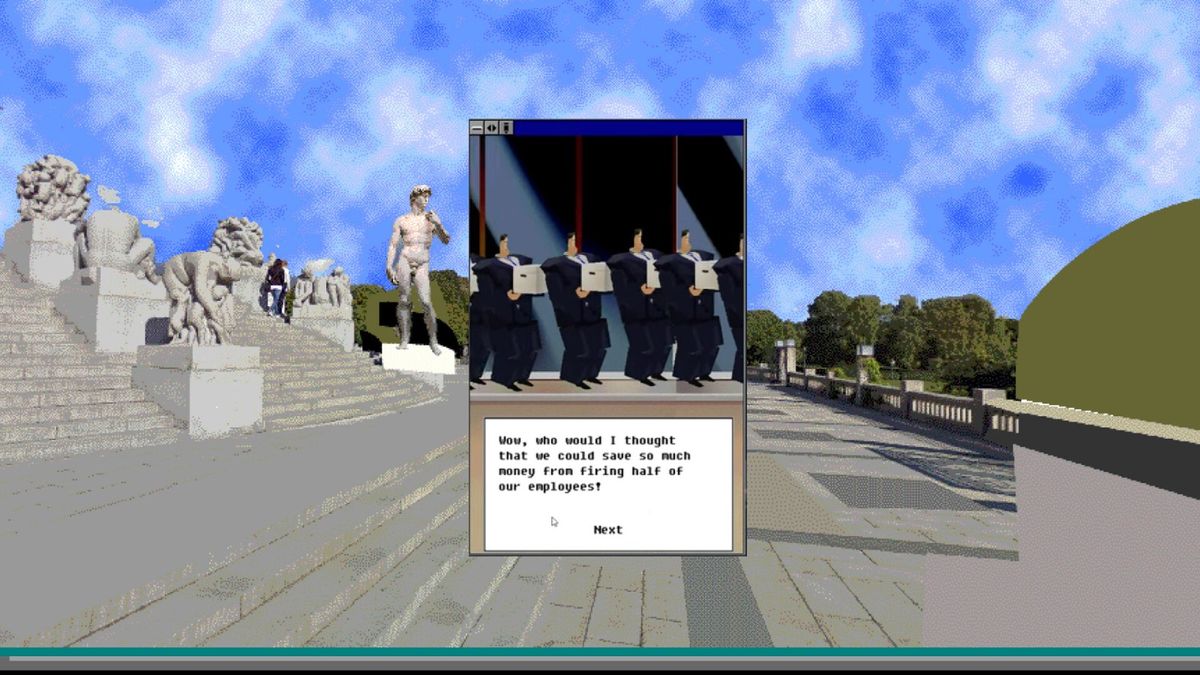 桌面整理小游戏画面，鼠标拖动文件图标归类，桌面上散落着咖啡杯、软盘和便条纸